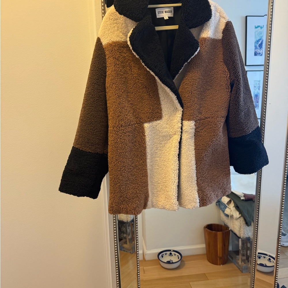 Steve Madden Women's Colorblock Teddy Jacket - Black, Brown, Cream